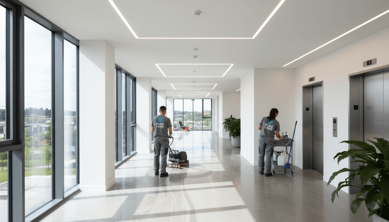 modern apartment building interior with professional cleaning staff in bright hallway